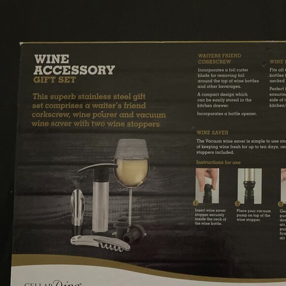 BNWOT CELLAR DINE STAINLESS STEEL WINE ACCESSORY 5-PIECE GIFT SET - Picture 4 of 4